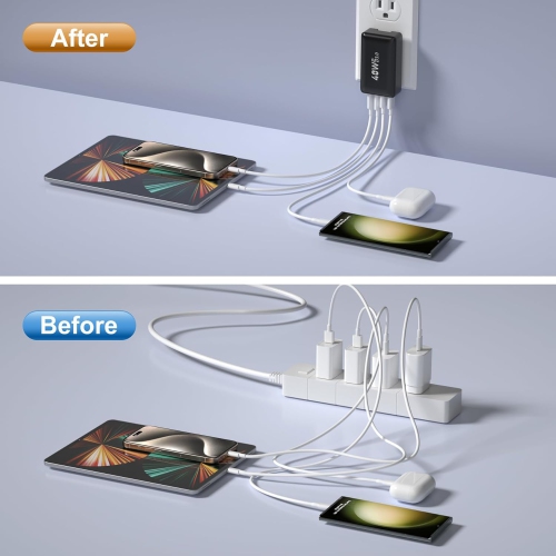 USB C Wall Charger 40W, 4-Port Flat USB C Charging Dual PD+QC Slim Fast Foldable Wall Plug Travel