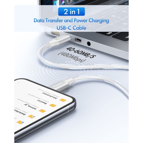 White USB C to USB C Cable [3ft, 2-Pack], 60W Fast Charging Type C to Type C Charger Cable for iPhone 15 Plus