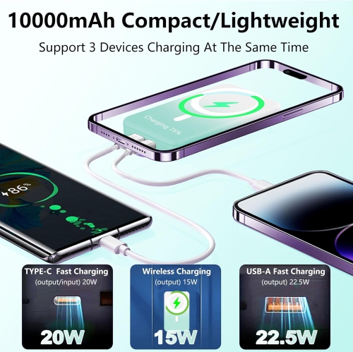 Chargeur portatif MAG-Safe, chargeur portable magnétique 10000 mAh, chargeurs externes pliables y Pack PD 22,5 W rapide