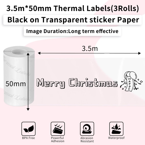 Papier autocollant thermique transparent 50&nbsp;mm x 3,5&nbsp;m, papier adhésif transparent pour imprimante miniature T02 M02, permanent