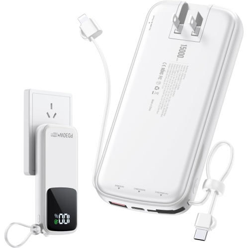 Portable Charger Power Bank, 15000mAh Portable Charger Fast Charging Lightweight, Built-in AC Wall Plug and 2 Output