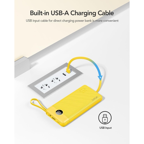 Portable Charger with Built-in Cables, 10000mAh Display USB C Power Bank, Slim Travel y Pack with 5