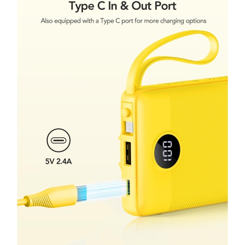 Portable Charger with Built-in Cables, 10000mAh Display USB C Power Bank, Slim Travel y Pack with 5