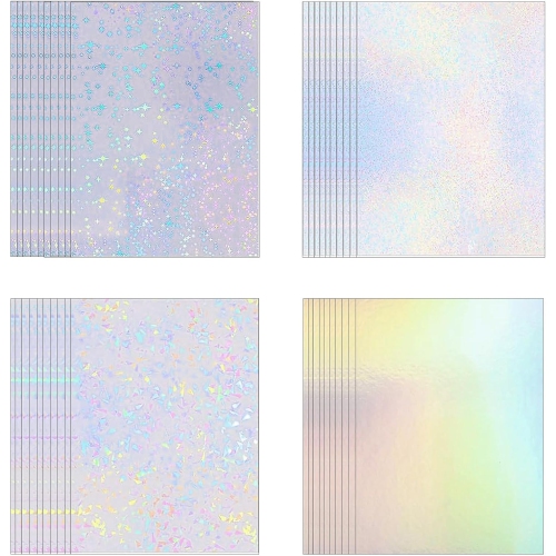 40 Sheets Holographic Sticker Paper, A4 Size Clear Vinyl Self Adhesive Lamination Sticker 4 Styles 8x11.6in