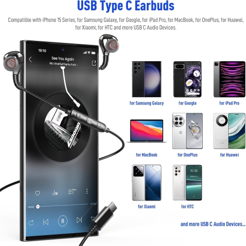 Écouteurs USB-C pour S24 Ultra S23 S22 Fold5 A54 S21 de Samsung, écouteurs boutons avec fil de type C + suppression du bruit stéréo haute-fidélité