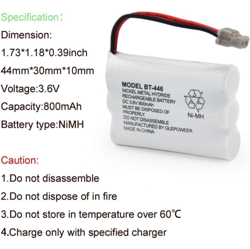 800&nbsp;mAh BT-446 y de 3,6&nbsp;V Compatible avec BBTY0503001Uniden BT446 BT-1004 BT-1005 GE-TL26402 BT-504 CPH-488B