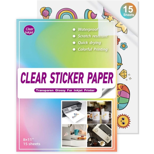 Papier autocollant en vinyle imprimable étanche pour imprimante à jet d'encre - 15 feuilles de cricut blanc transparent A4 - Peut contenir de l'encre