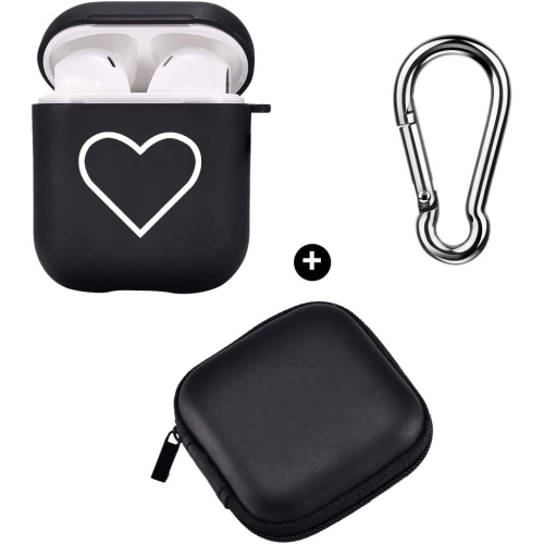 Couple étui pour AirPod 1&2 avec porte-clés + sac, étui noir Love Heart Cover Soft TPU Smooth Anti-poussière