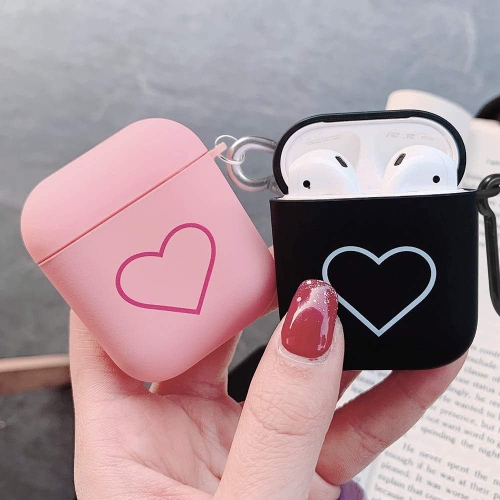 Couple étui pour AirPod 1&2 avec porte-clés + sac, étui noir Love Heart Cover Soft TPU Smooth Anti-poussière