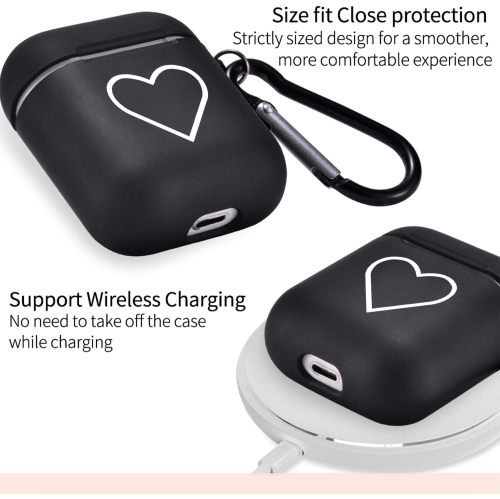 Couple étui pour AirPod 1&2 avec porte-clés + sac, étui noir Love Heart Cover Soft TPU Smooth Anti-poussière