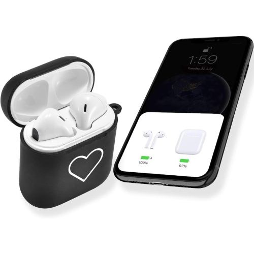 Couple étui pour AirPod 1&2 avec porte-clés + sac, étui noir Love Heart Cover Soft TPU Smooth Anti-poussière