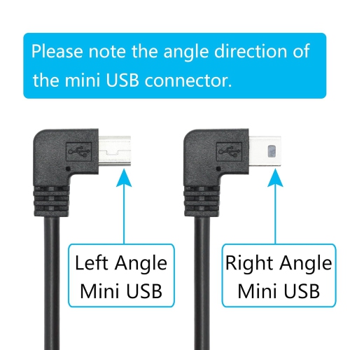 Cordon d'alimentation mini USB à 90 degrés de 11 pi, câble de recharge mini USB à angle gauche pour caméra de tableau de bord, navigateur GPS pour