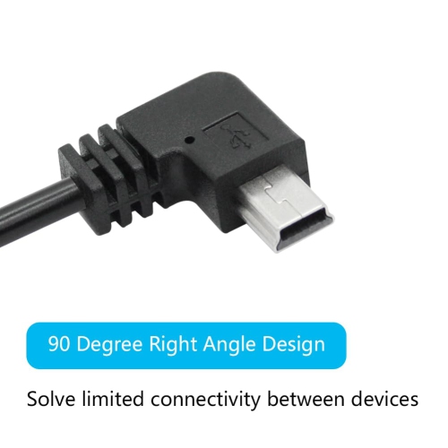Cordon d'alimentation mini USB à 90 degrés de 11 pi, câble de recharge mini USB à angle gauche pour caméra de tableau de bord, navigateur GPS pour