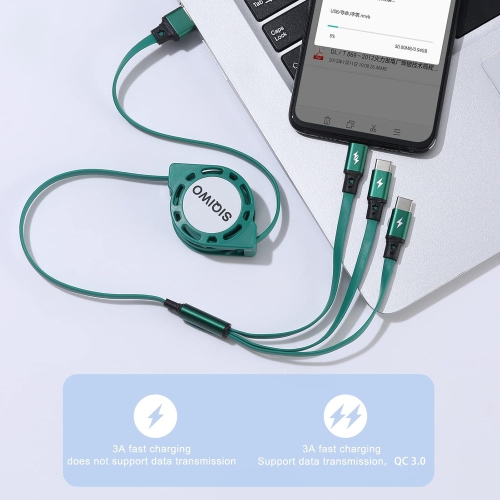 Câble USB de type C rétractable à chargement rapide [paquet de 2 pi], câble de chargement de données QC 3,0 Sync avec 3 port USB-C,