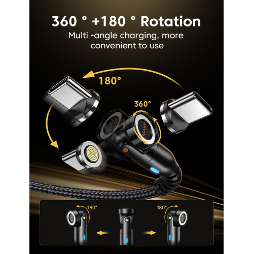 Câble de chargement magnétique USB-C 60&nbsp;W à chargement rapide, paquet de 2, chargeur magnétique de téléphone pivotant à 540° de type C