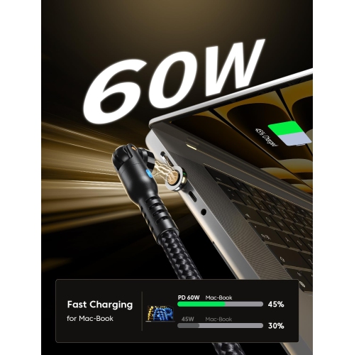 Câble de chargement magnétique USB-C 60&nbsp;W à chargement rapide, paquet de 2, chargeur magnétique de téléphone pivotant à 540° de type C