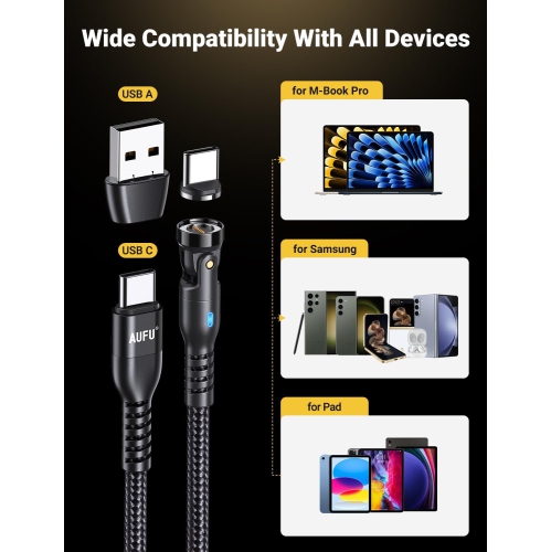 Câble de chargement magnétique USB-C 60&nbsp;W à chargement rapide, paquet de 2, chargeur magnétique de téléphone pivotant à 540° de type C