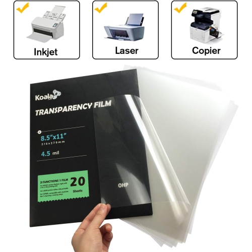 KOALA Transparency Film for Inkjet/Laser Jet Printers - 8.5 x 11 Inch 20 Sheets Printable Transparency Paper for OHP