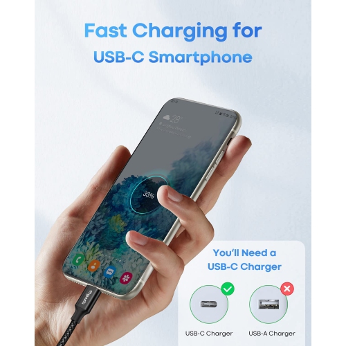 Long câble USB-C à USB-C [20&nbsp;pi, paquet de 1], câble de chargement USB 2,0 type C à type C de 20 pi, cordon tressé en nylon