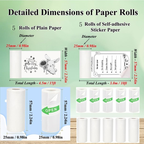 10Pcs Mini Printer Paper, 57 x 25 mm 5 Rolls Self Adhesive Thermal Paper Printable Sticker Paper and 5 Rolls White