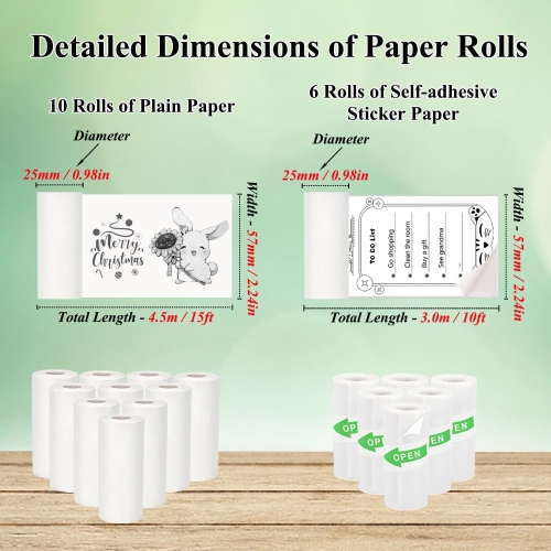 10Pcs Mini Printer Paper, 57 x 25 mm 5 Rolls Self Adhesive Thermal Paper Printable Sticker Paper and 5 Rolls White