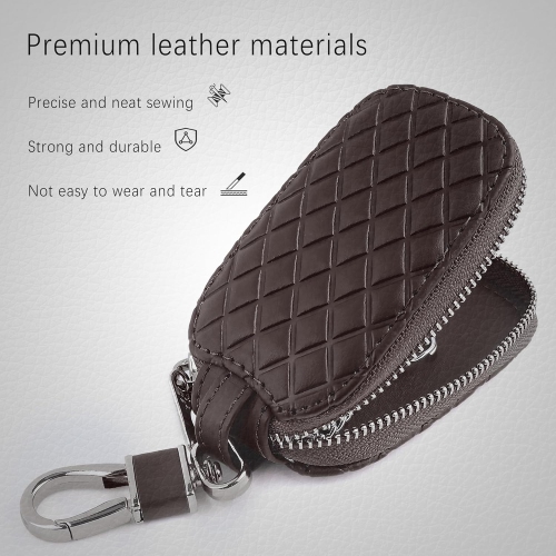 Stylish Car Key Case with Keychain and Zipper,Genuine Leather Key Fob Protector Car Accessories for Women &