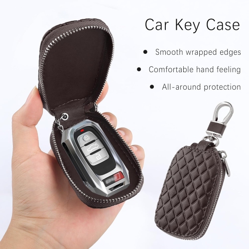 Stylish Car Key Case with Keychain and Zipper,Genuine Leather Key Fob Protector Car Accessories for Women &
