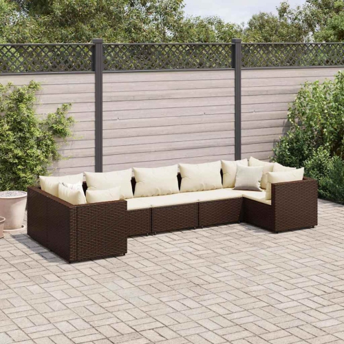 Ensemble de jardin vidaXL 7 pièces avec coussins en poly rotin brun