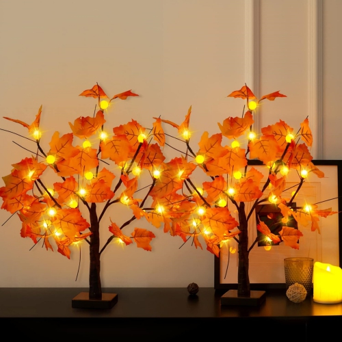 2 Pack Fall Lighted Maple Tree Decor, 24-inch 48 LED Pumpkin Lights, Halloween Thanksgiving Decorations Table Tree, Battery Operated Desktop