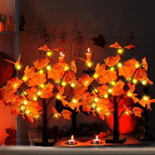2 Pack Fall Lighted Maple Tree Decor, 24-inch 48 LED Pumpkin Lights, Halloween Thanksgiving Decorations Table Tree, Battery Operated Desktop