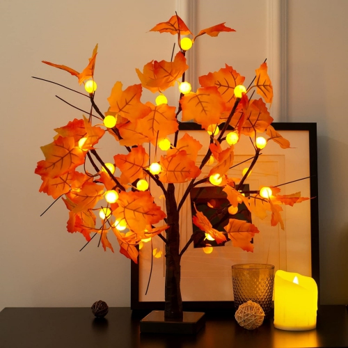 2 Pack Fall Lighted Maple Tree Decor, 24-inch 48 LED Pumpkin Lights, Halloween Thanksgiving Decorations Table Tree, Battery Operated Desktop