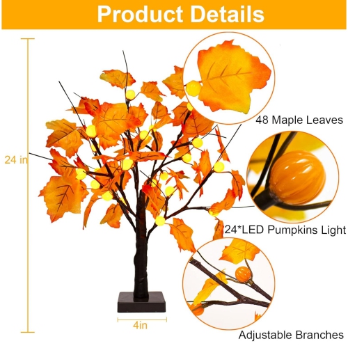 2 Pack Fall Lighted Maple Tree Decor, 24-inch 48 LED Pumpkin Lights, Halloween Thanksgiving Decorations Table Tree, Battery Operated Desktop