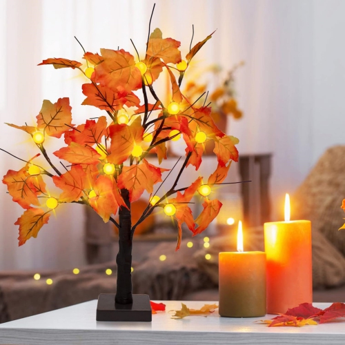 2 Pack Fall Lighted Maple Tree Decor, 24-inch 48 LED Pumpkin Lights, Halloween Thanksgiving Decorations Table Tree, Battery Operated Desktop