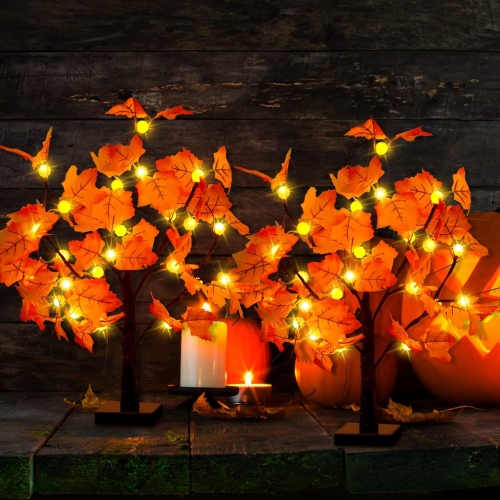 2 Pack Fall Lighted Maple Tree Decor, 24-inch 48 LED Pumpkin Lights, Halloween Thanksgiving Decorations Table Tree, Battery Operated Desktop