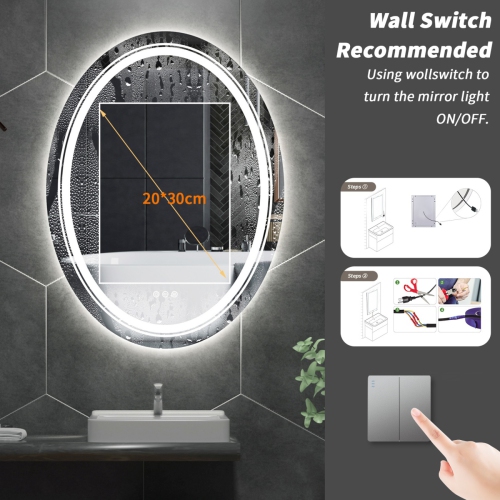 24.x32 Inch Oval Bathroom Mirror 3 Lights Memory Function Smart Touch Sensor Anti-fog Makeup Mirror with Backlit Front Lighted