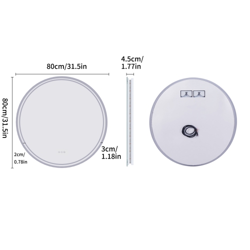 UNHO  32 Inch Round Led Illuminated Bathroom Mirror Backlit Light Aluminum Frame Wall Vanity Makeup Bathroom Mirror \w Light Memory Anti-Fog Function