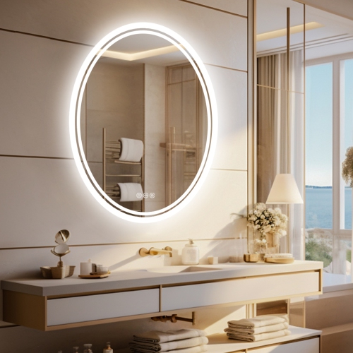 20x28 Inch Oval Wall Mount LED Illuminated Bathroom Backlit Mirror Makeup Shaving Mirror with 3 Lights Memory Function Touch Button Anti-fog