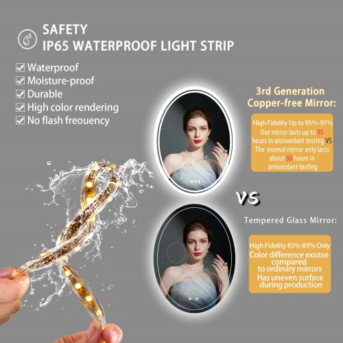 20x28 Inch Oval Wall Mount LED Illuminated Bathroom Backlit Mirror Makeup Shaving Mirror with 3 Lights Memory Function Touch Button Anti-fog