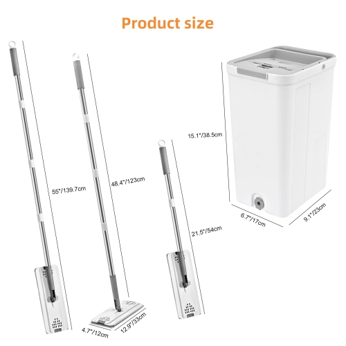 Vadrouille à tête plate et seau à lavage automatique et à pression, 3 tampons en microfibre lavables, système de seau à deux chambres avec tête de