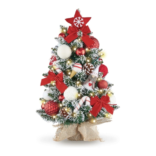 1.8 Feet Pre-lit & Pre-Decorated Tabletop Christmas Tree, Red White Ornament Decorations with Pine Cones, Snow Flocked Mini Christmas Tree with