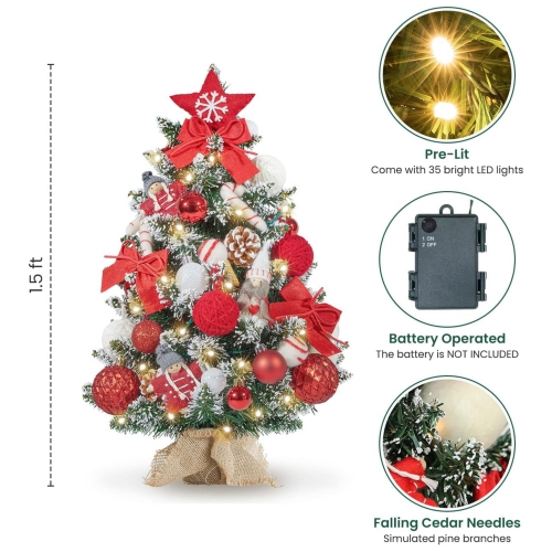 1.8 Feet Pre-lit & Pre-Decorated Tabletop Christmas Tree, Red White Ornament Decorations with Pine Cones, Snow Flocked Mini Christmas Tree with