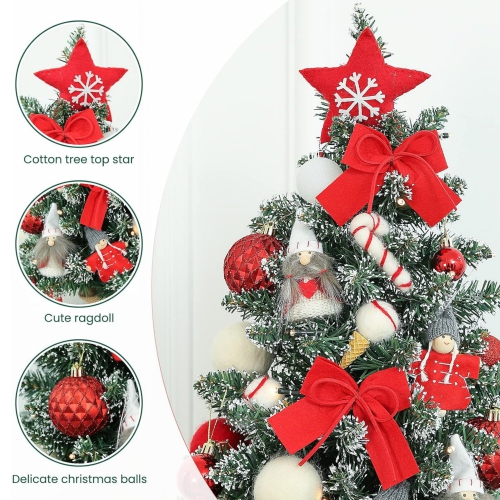 1.8 Feet Pre-lit & Pre-Decorated Tabletop Christmas Tree, Red White Ornament Decorations with Pine Cones, Snow Flocked Mini Christmas Tree with