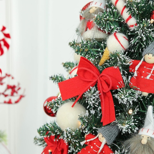 1.8 Feet Pre-lit & Pre-Decorated Tabletop Christmas Tree, Red White Ornament Decorations with Pine Cones, Snow Flocked Mini Christmas Tree with