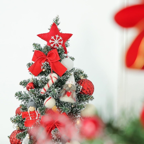 1.8 Feet Pre-lit & Pre-Decorated Tabletop Christmas Tree, Red White Ornament Decorations with Pine Cones, Snow Flocked Mini Christmas Tree with