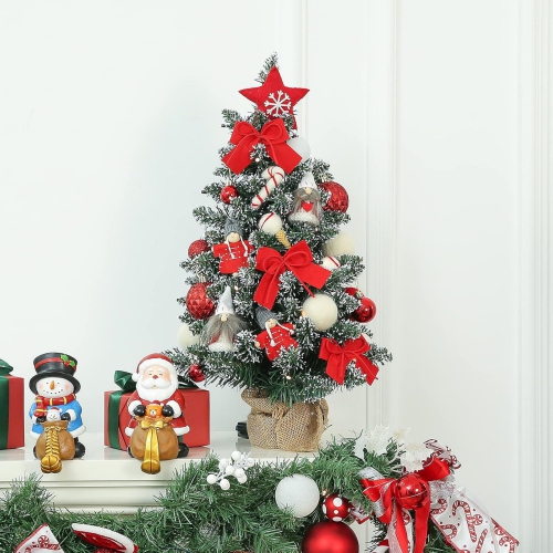 1.8 Feet Pre-lit & Pre-Decorated Tabletop Christmas Tree, Red White Ornament Decorations with Pine Cones, Snow Flocked Mini Christmas Tree with