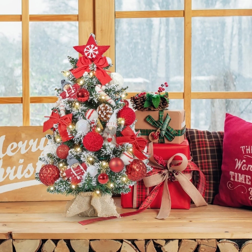 1.8 Feet Pre-lit & Pre-Decorated Tabletop Christmas Tree, Red White Ornament Decorations with Pine Cones, Snow Flocked Mini Christmas Tree with