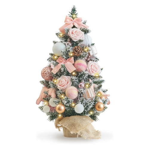 NIERBO  1.8 Feet Pre-Lit & Pre-Decorated Tabletop Christmas Tree, Rose Ornament Decorations \w Pine Cones, Snow Flocked Mini Christmas Tree \w