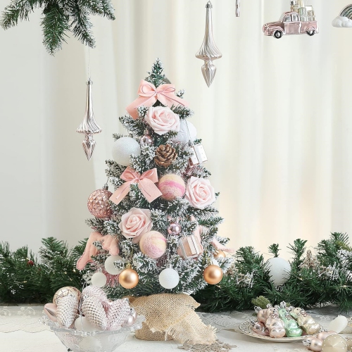 1.8 Feet Pre-lit & Pre-Decorated Tabletop Christmas Tree, Rose Gold Ornament Decorations with Pine Cones, Snow Flocked Mini Christmas Tree with