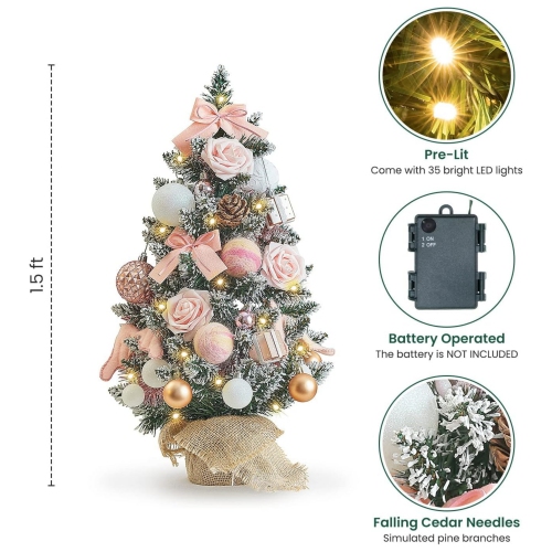 1.8 Feet Pre-lit & Pre-Decorated Tabletop Christmas Tree, Rose Gold Ornament Decorations with Pine Cones, Snow Flocked Mini Christmas Tree with