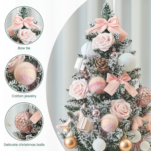 1.8 Feet Pre-lit & Pre-Decorated Tabletop Christmas Tree, Rose Gold Ornament Decorations with Pine Cones, Snow Flocked Mini Christmas Tree with
